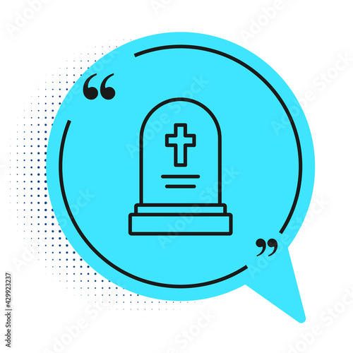 Black line Grave with tombstone icon isolated on white background. Blue speech bubble symbol. Vector