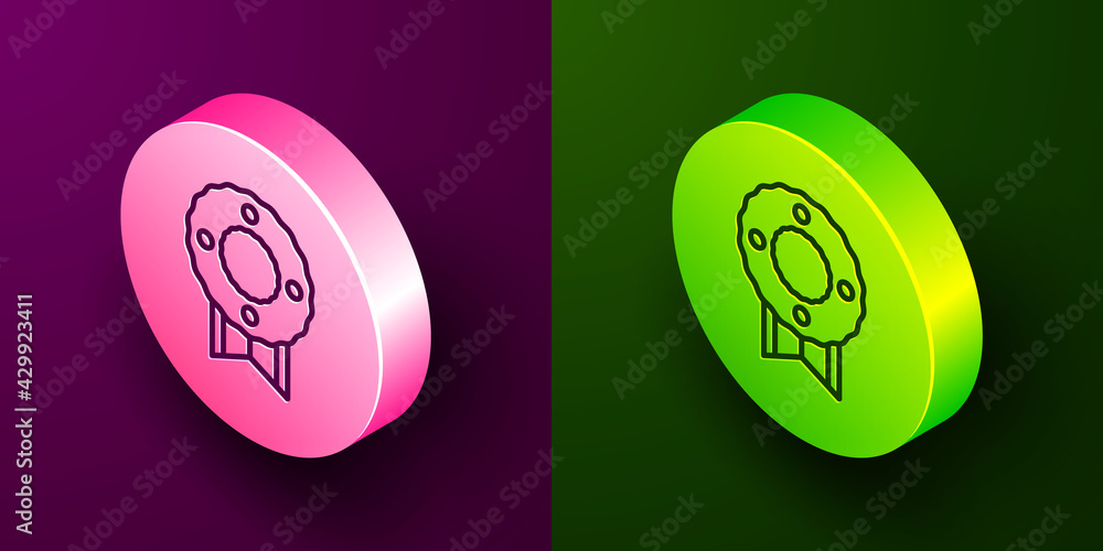 Isometric line Memorial wreath icon isolated on purple and green background. Funeral ceremony. Circle button. Vector Isometric line Memorial wreath icon isolated on purple and green background. Funeral ceremony. Circle button. Vector