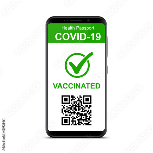 Vaccinated digital health passport app in mobile phone for travel during covid-19 pandemic, green certificate, mobile phone with valid digital vaccination certificate - stock vector
