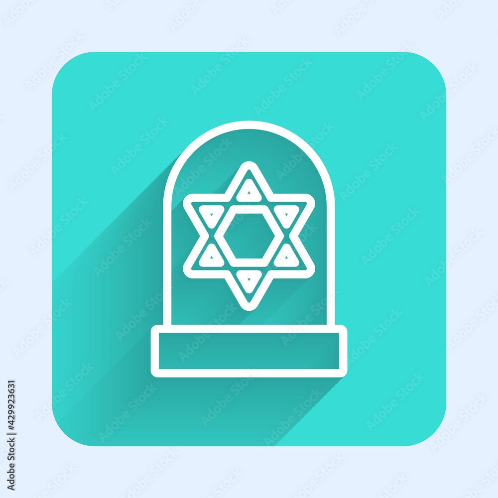 White line Tombstone with star of david icon isolated with long shadow. Jewish grave stone. Gravestone icon. Green square button. Vector White line Tombstone with star of david icon isolated with long shadow. Jewish grave stone. Gravestone icon. Green square button. Vector