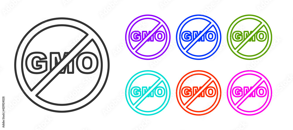 Black line No GMO icon isolated on white background. Genetically modified organism acronym. Dna food modification. Set icons colorful. Vector Black line No GMO icon isolated on white background. Genetically modified organism acronym. Dna food modification. Set icons colorful. Vector