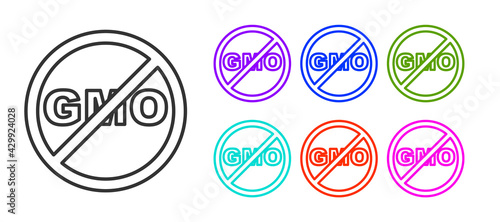 Black line No GMO icon isolated on white background. Genetically modified organism acronym. Dna food modification. Set icons colorful. Vector