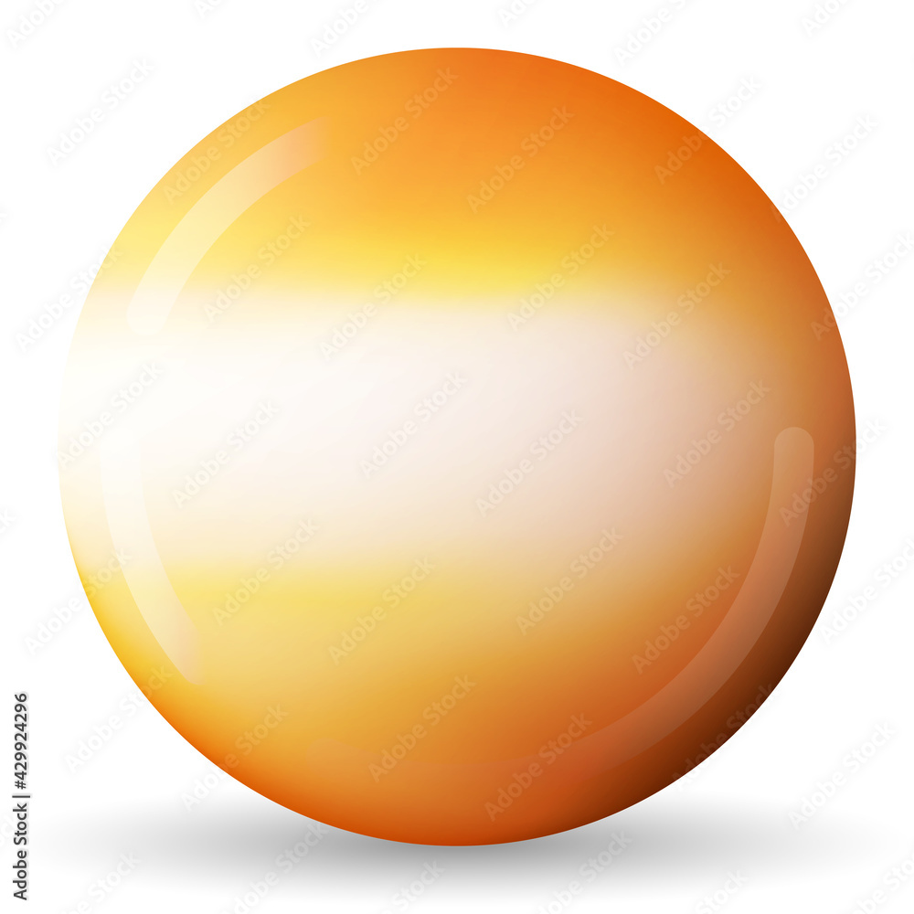 Glass orange ball or precious pearl. Glossy realistic ball, 3D abstract vector illustration highlighted on a white background. Big metal bubble with shadow