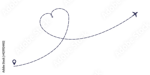 Airplane dashed line path flat style design vector illustration isolated on white background. The plane icon follow from start pin point to finish by dashed line. Airplane route trace flight air map.