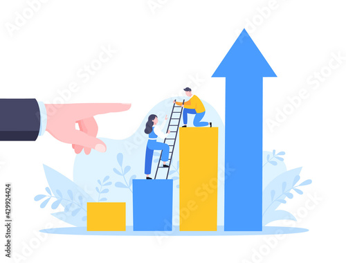 Business mentor helps to improve career and holding stairs steps vector illustration. Mentorship, upskills, climb help and self development strategy flat style design business concept.