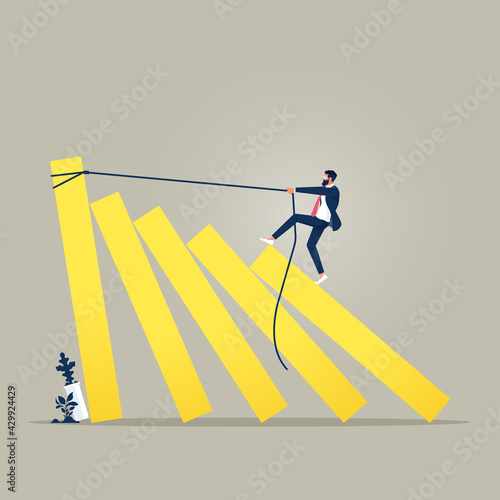 Businessman stopping falling domino vector concept, Business concept of a businessman trying to stop domino effect