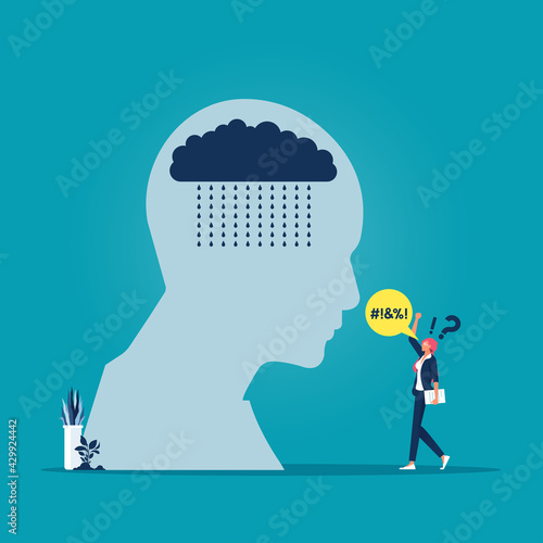 Corporate reprimanding and bullying concept, Silhouette sad woman or woman with rain clouds in head with businesswoman bully screaming, bullies and oppression