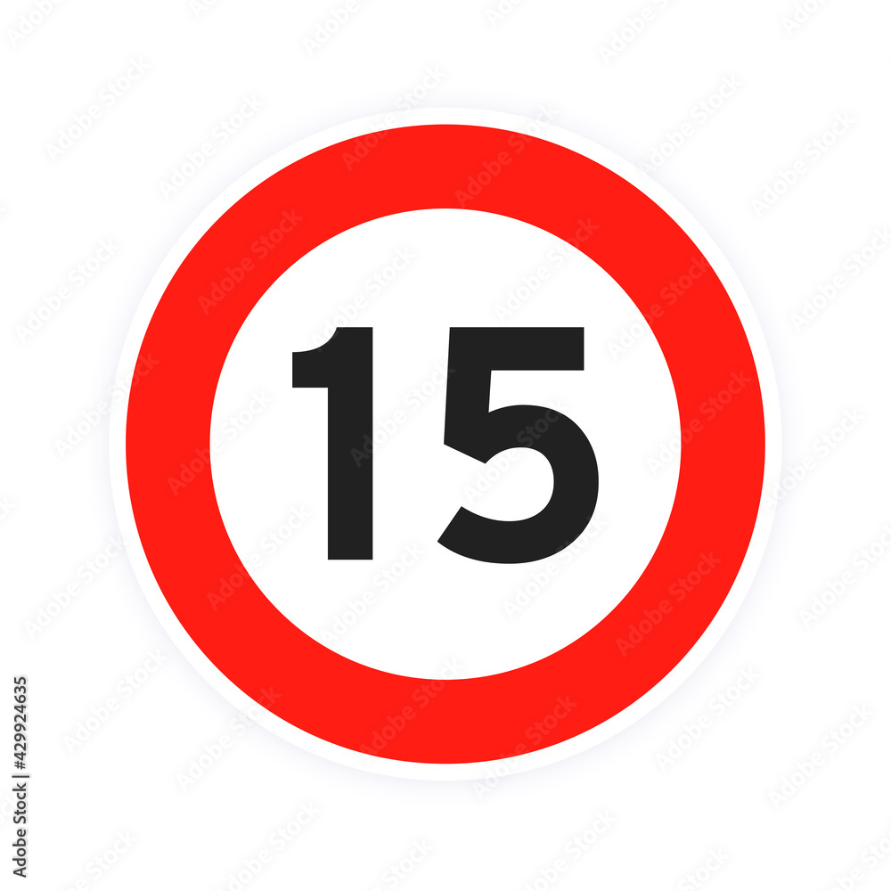 Speed limit 15 round road traffic icon sign flat style design vector illustration isolated on white background. Circle standard road sign with number 15 kmh. Speed limit 15 round road traffic icon sign flat style design vector illustration isolated on white background. Circle standard road sign with number 15 kmh.