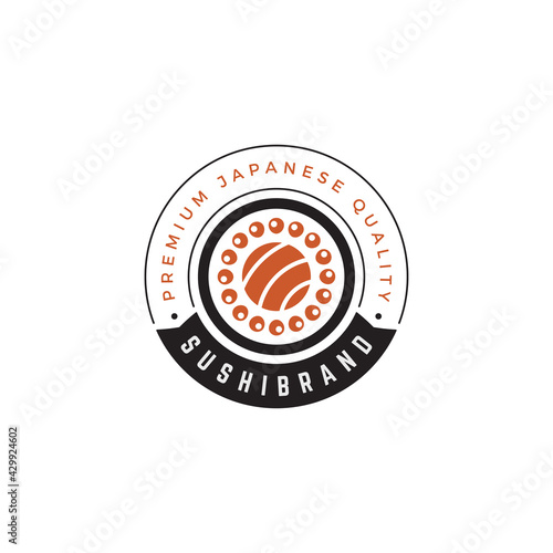 Sushi shop emblem template salmon roll silhouette with retro typography vector illustration