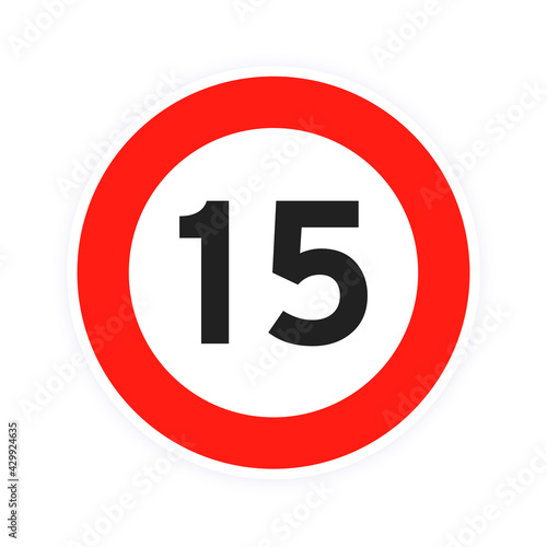 Speed limit 15 round road traffic icon sign flat style design vector illustration isolated on white background. Circle standard road sign with number 15 kmh.
