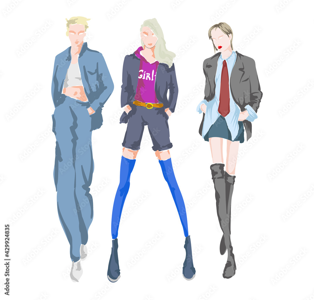 Obraz premium Young beautiful woman in summer clothes. Sale concept. Hand-drawn fashion illustration