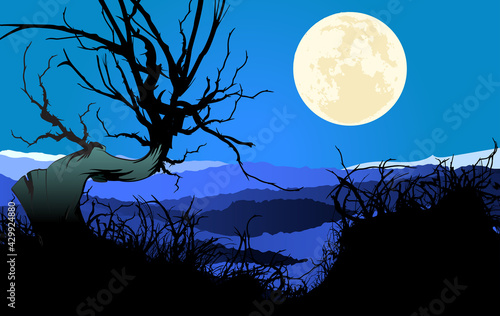 Lonely tree on moonlight night. Landscape with full moon in starry sky
