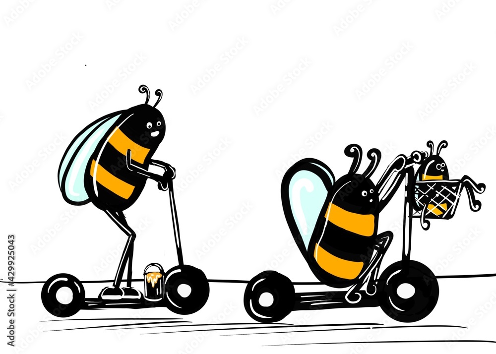 Bees ride on scooters.Funny insects. The concept of leisure and free time observing distance. Bees ride on scooters.Funny insects. The concept of leisure and free time observing distance.