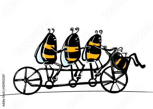 Funny bees ride a tandem bike. Free time concept.Crazy insects.