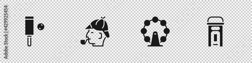Set Wood cricket bat and ball, Sherlock Holmes, London eye and phone booth icon. Vector