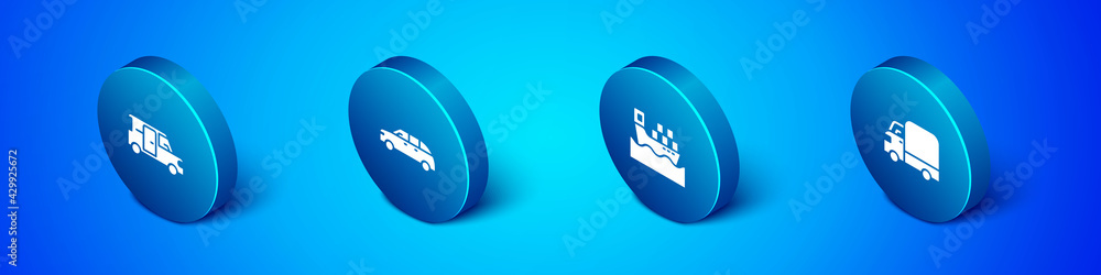Set Isometric Minibus, Cargo ship with boxes, Delivery cargo truck and Hatchback icon. Vector Set Isometric Minibus, Cargo ship with boxes, Delivery cargo truck and Hatchback icon. Vector