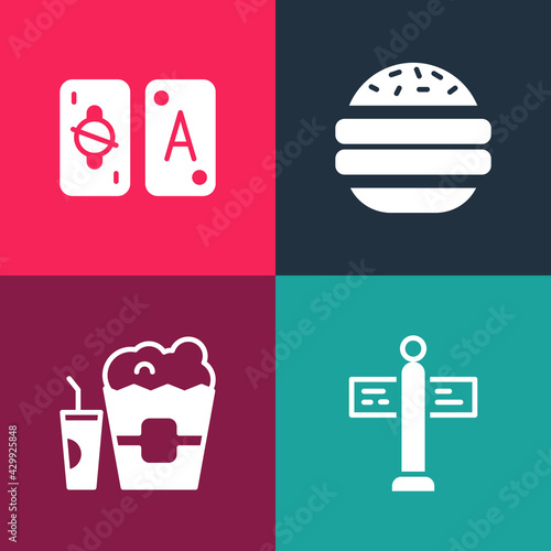 Set pop art Road traffic signpost, Popcorn in box and glass, Burger and Tarot cards icon. Vector