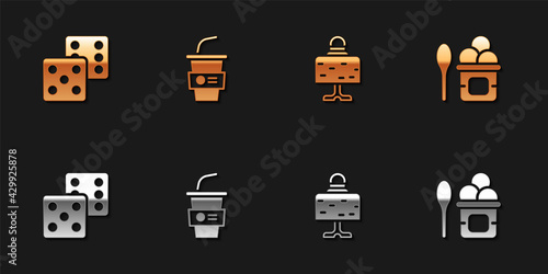 Set Game dice, Paper glass with water, Magic ball on table and Ice cream in bowl icon. Vector