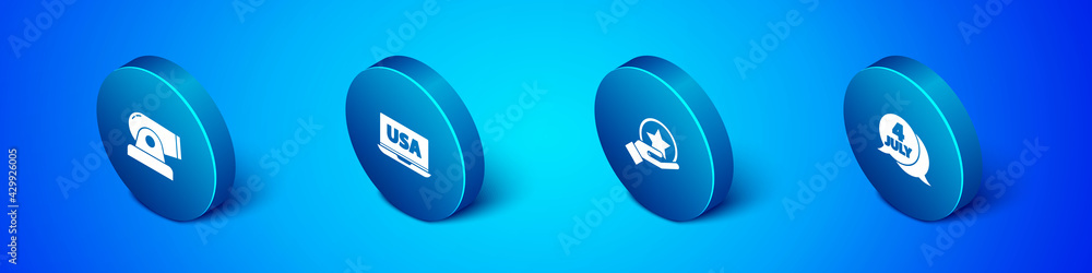Set Isometric Cannon, USA Independence day, and laptop icon. Vector Set Isometric Cannon, USA Independence day, and laptop icon. Vector
