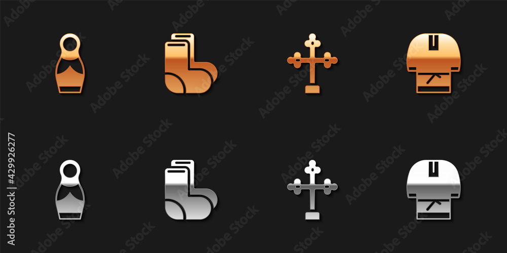 Set Russian doll matryoshka, Valenki, Christian cross and Kosovorotka icon. Vector Set Russian doll matryoshka, Valenki, Christian cross and Kosovorotka icon. Vector
