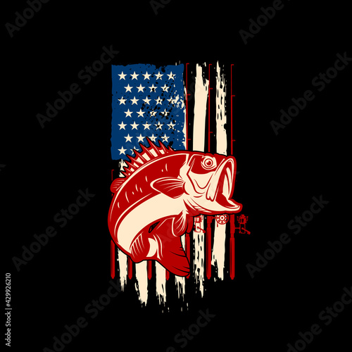 American flag with bass fish illustration. Bass fishing concept. Design element for poster, card, banner, t shirt. Vector illustration