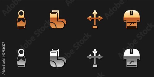 Set Russian doll matryoshka, Valenki, Christian cross and Kosovorotka icon. Vector