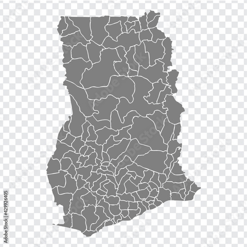 Blank map Ghana. Districts of Ghana map. High detailed vector map  on transparent background for your web site design, app, UI. EPS10. 