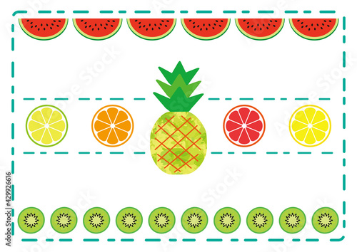 Summer Fruits Frame Background Watermelon, Lemon, Lime, Grapefruits, Orange, Pineapple, Kiwi fruit