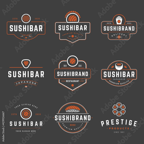 Sushi shop labels and badges design templates set vector illustration japanese food logos