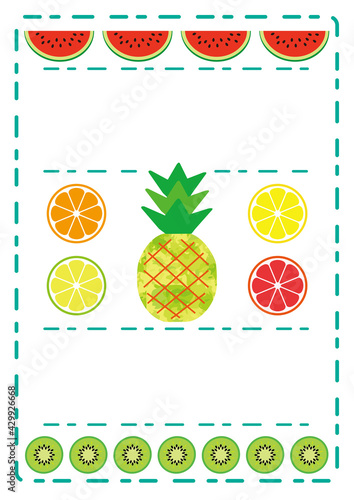 Summer Fruits Frame Background Watermelon, Lemon, Lime, Grapefruits, Orange, Pineapple, Kiwi fruit