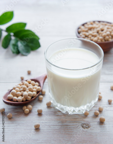 Soy milk and soy on the table