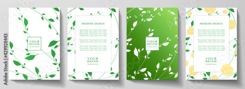 Eco friendly cover, frame design set with green leaf (branch), tea rose flower pattern. Natural spring vector background for wedding, menu, summer holiday poster, catalog template