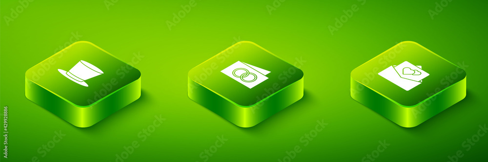 Set Isometric Greeting card, and Cylinder hat icon. Vector Set Isometric Greeting card, and Cylinder hat icon. Vector