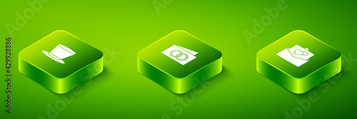 Set Isometric Greeting card, and Cylinder hat icon. Vector