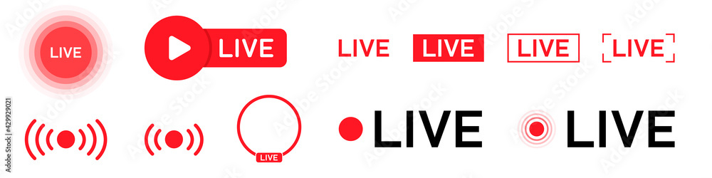 Set of isolated icons for streaming, live broadcast, blog, television, shows, live performances, news and various video content. Vector illustration - obrazy, fototapety, plakaty 
