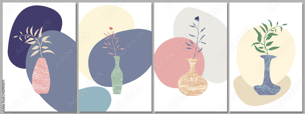 set of abstract poster. branches and leaves in a vase. abstract silhouette of vases and plants. stock vector illustration.