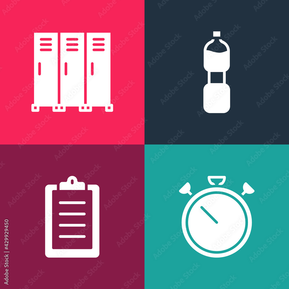 Set pop art Stopwatch, Sport training program, Bottle of water and Locker changing room icon. Vector Set pop art Stopwatch, Sport training program, Bottle of water and Locker changing room icon. Vector