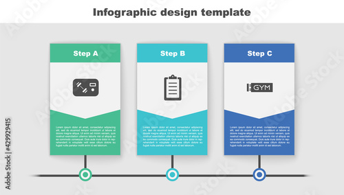 Set Fitness club, gym card, Sport training program and Location. Business infographic template. Vector