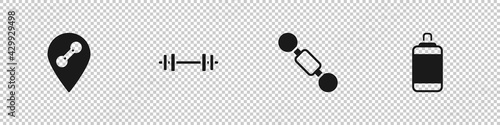 Set Location gym, Barbell, Dumbbell and Punching bag icon. Vector