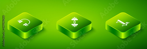 Set Isometric Dumbbell, Bench with barbel and Headphones icon. Vector