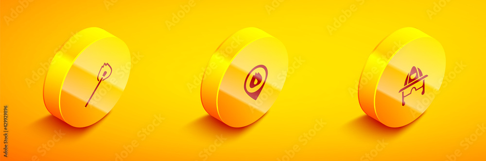 Set Isometric Burning match with fire, Location flame and Firefighter helmet icon. Vector Set Isometric Burning match with fire, Location flame and Firefighter helmet icon. Vector