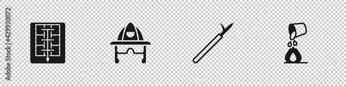 Set Evacuation plan, Firefighter helmet, Metal pike pole and Bucket extinguishing fire icon. Vector