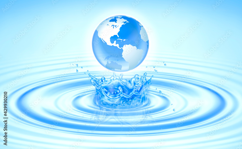 Save clean water, globe world for environmental, ecology, nature, pure water, skincare, keep ocean sea concept. Planet Earth drop into Blue wave make splash water with copy space text World Water Day.