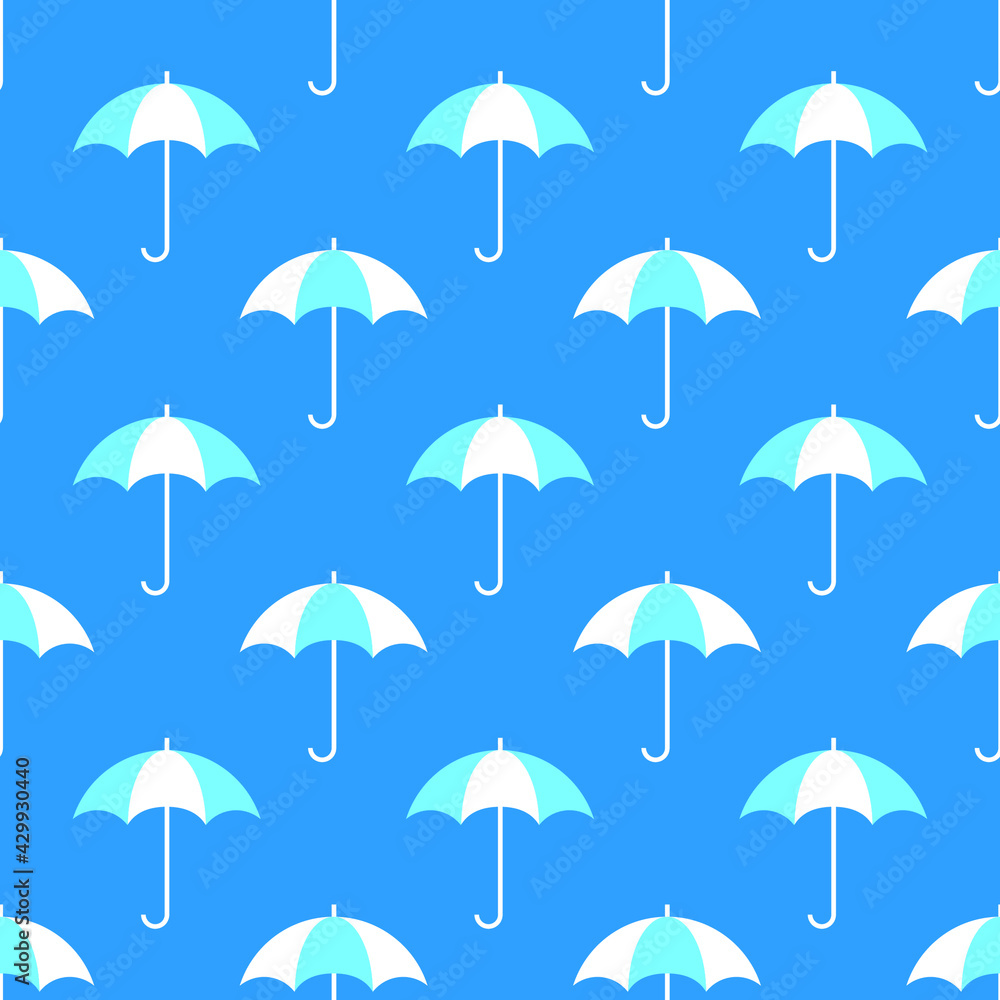White and blue umbrellas on blue background seamless pattern. Vector illustration.