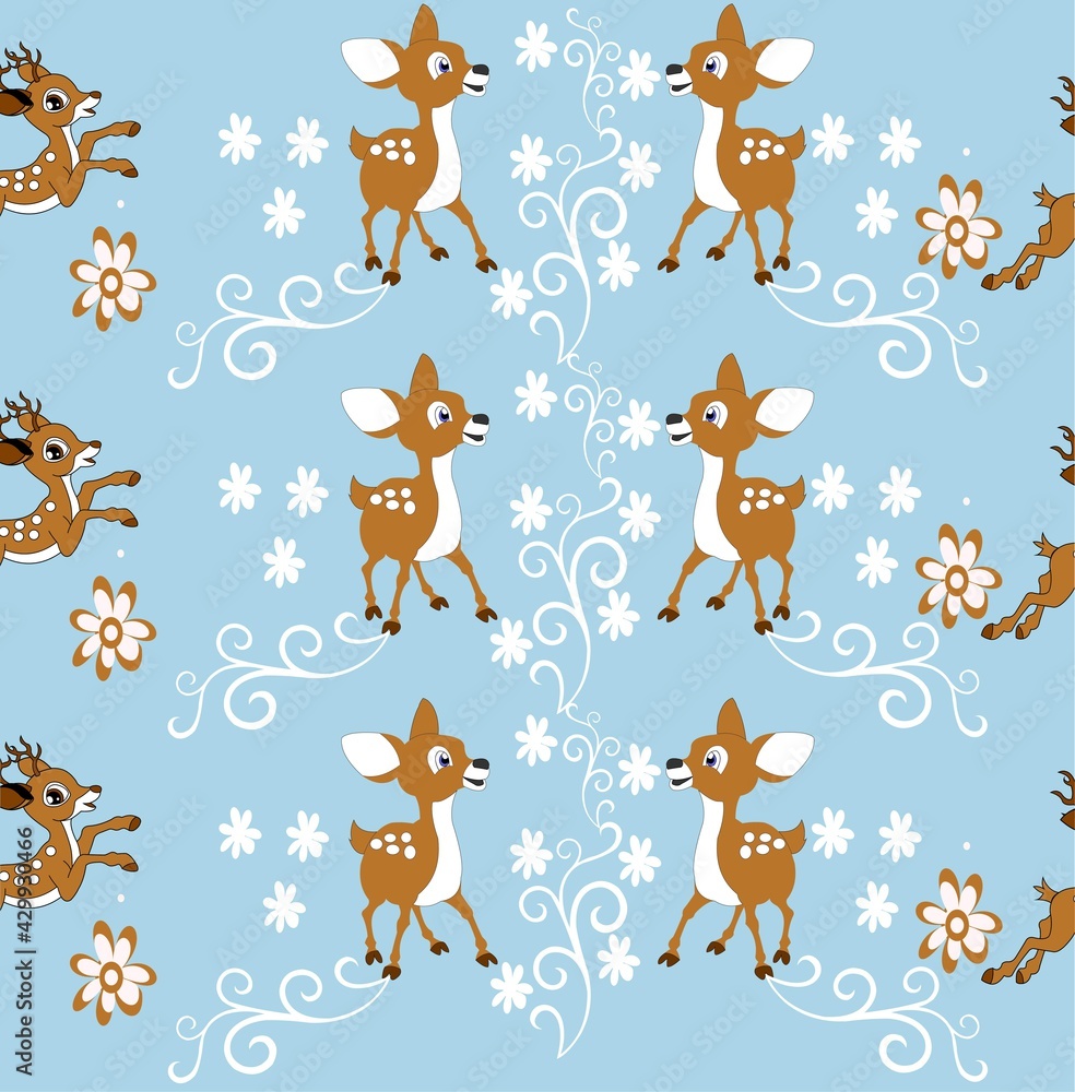 Fototapeta premium Seamless pattern with cute deer and mouse deer on blue background. Funny asian animals. Card, postcards for kids. Flat vector illustration for fabric, textile, wallpaper