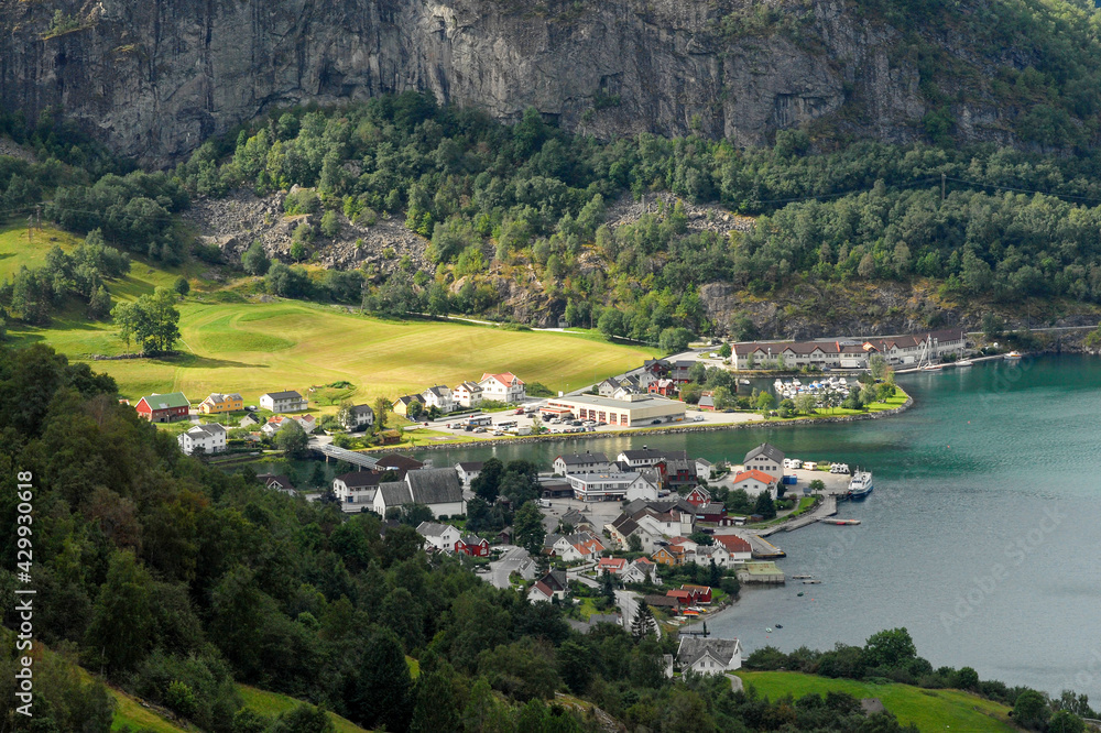 Aerial view of Aurlandsvangen village located on the bank of Aurlandsfjord. Norway.