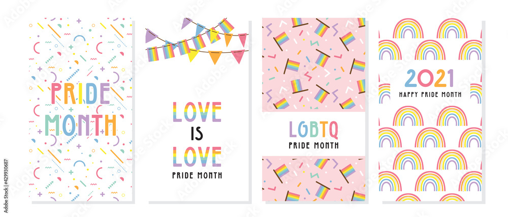 LGBT Pride Month in June posters and web templates. Lesbian Gay Bisexual Transgender. Celebrated annual pride month. LGBT flags, Rainbow and love concept. Human rights and tolerance. Poster, card, ban