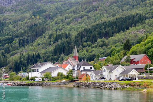 View of Luster village and Dale church, Norway.