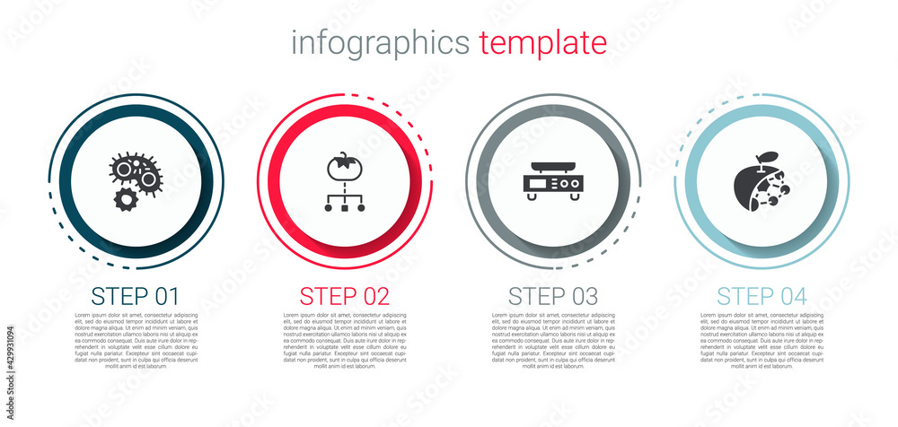 Set Virus, Genetically modified food, Electronic scales and Biological structure. Business infographic template. Vector Set Virus, Genetically modified food, Electronic scales and Biological structure. Business infographic template. Vector