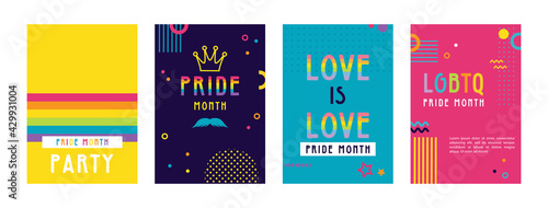 LGBT Pride Month in June posters and web templates. Lesbian Gay Bisexual Transgender. Celebrated annual pride month. LGBT flags, Rainbow and love concept. Human rights and tolerance. Poster, card, ban